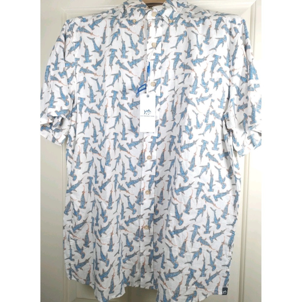 NWT Southern Tide Men's M "Nailed It" Sport Shirt White Linen Blend Shark SS